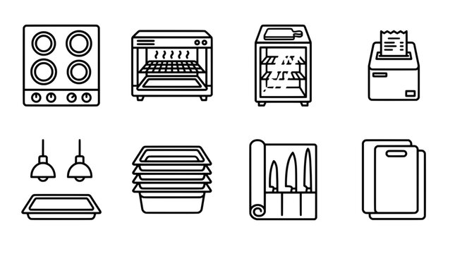 Restaurant kitchen equipment icons set for culinary and food preparation