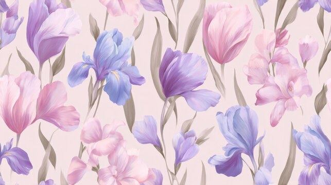 Seamless pattern of pastel watercolor flowers including irises, tulips and freesia with minimal airy layout on light background, elegant soft botanical design