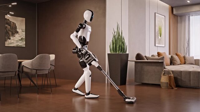AI-powered humanoid robot cleanimg apartment, vacuuming a modern living room. Advanced household automation and AI housekeeping assistant. Future smart home technology. 3d animation rendering