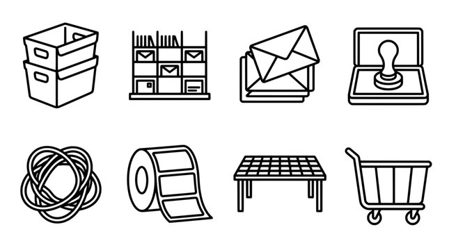 Set of office and packaging icons in black and white outline style