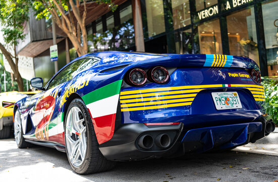 Miami, Florida, USA - February 16, 2025: Car Ferrari 812 Competizione parked outdoor. Blue sportscar, back view. Ferrari 812 Competizione sport car with tuning. Sportscar Ferrari 812 Competizione.