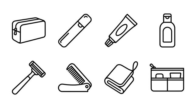 Minimalist outline illustration of personal grooming and hygiene products
