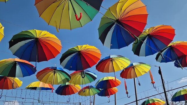Against the background of a cloudless blue sky, dozens of multi-colored umbrellas are hung, as if floating in the air. Summer installation, street decoration. Umbrellas have rainbow colors