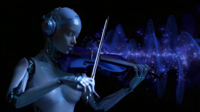 A futuristic robotic being passionately playing a violin, with vibrant blue sound waves emanating from the music, showcasing technology's artistic integration.