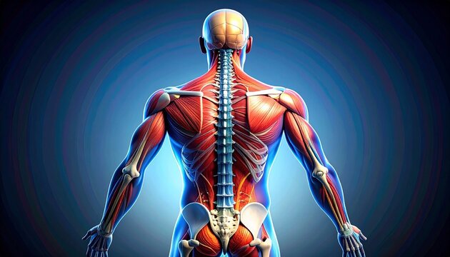 Detailed anatomical back illustration highlighting spinal column and muscular system, emphasizing posture, strength, alignment, and the intricate relationship between vertebrae, trapezius, latissimus 