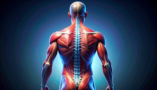 Detailed anatomical back illustration highlighting spinal column and muscular system, emphasizing posture, strength, alignment, and the intricate relationship between vertebrae, trapezius, latissimus 