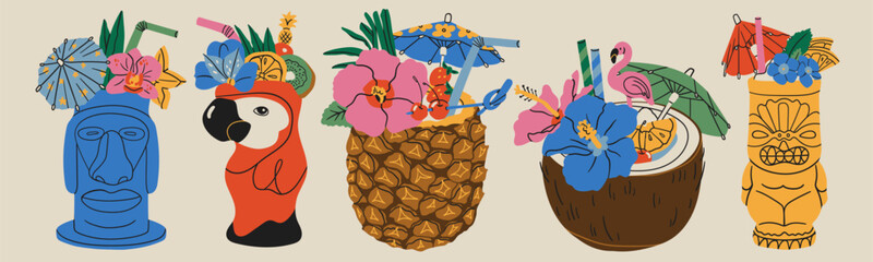Summer Cocktails set. Refreshing drinks with fruit, small umbrella, flowers, straw. Various shape glasses. Tiki, parrot, coconut, pineapple. Hand drawn Vector illustration. Isolated design elements © Dariia