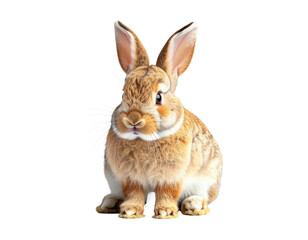 Obraz premium A single, adorable rabbit with erect ears is sitting upright and looking towards the camera. Its fur is a mix of brown and beige on a transparent isolated background, PNG