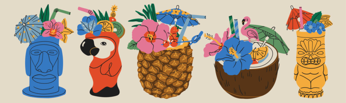 Summer Cocktails set. Refreshing drinks with fruit, small umbrella, flowers, straw. Various shape glasses. Tiki, parrot, coconut, pineapple. Hand drawn Vector illustration. Isolated design elements