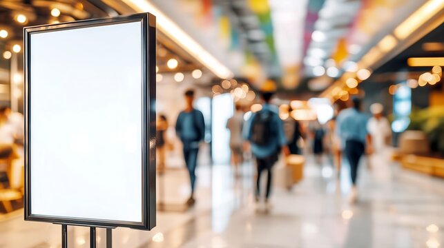 Empty mall billboard mockup with colorful bunting and shoppers in soft focus