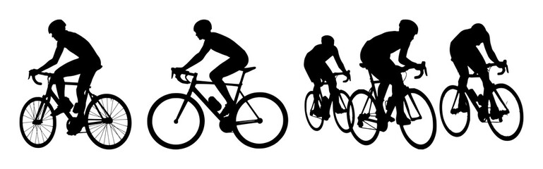 Obraz premium Bicycle racing silhouette set with dynamic streamlined cyclist and bold line art featuring cycling, sport, motion with speed and competition