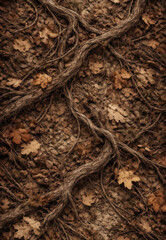 Fototapeta premium Forest ground covered with dry leaves and twisting roots forming a dense organic woodland texture.