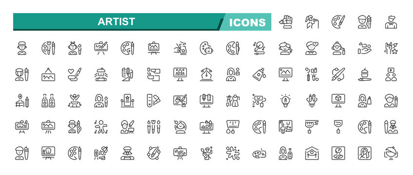 Set of Artist line icon. Painting and drawing line icon set. paints and brush, art tools, palette, pencil and picture. Outline vector icon in linear style. Conceptual pictogram collection.