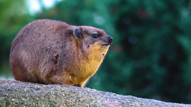 Close up of a rock Hyrax sitting on a rock watching and moving his head on a sunny summer day