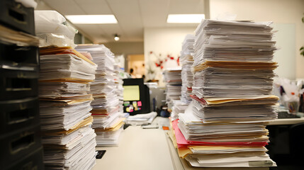 Fototapeta premium Overflowing Stacks of Documents and Files on an Office Desk Highlight Clutter, Stress, and Disorganization in a Busy Workplace Environment
