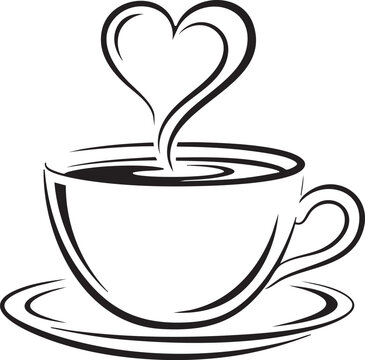 Black and white illustration of a teacup with heart steam rising