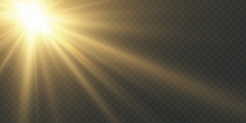 Soft summer rays of light with bright highlights and warm illumination. The realistic sunburst effect is isolated on a transparent PNG background. © Alesya