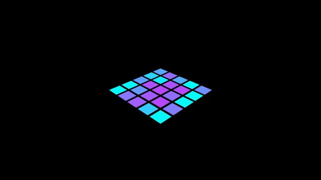 Dynamic Isometric Grid: Blue and Purple Squares on Black Background