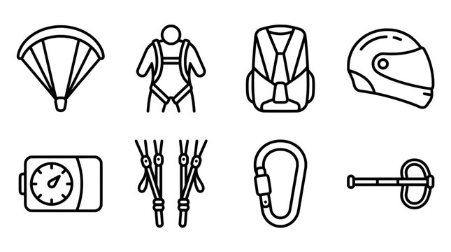 Skydiving equipment collection parachute helmet harness and carabiner icons