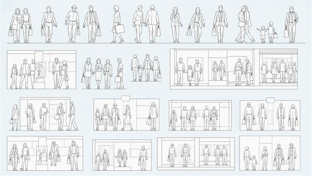 Shopping Mall Visitor Human Scale Figures &ndash; Architectural AutoCAD Blueprint Line Drawing with Plan and Elevation Views
