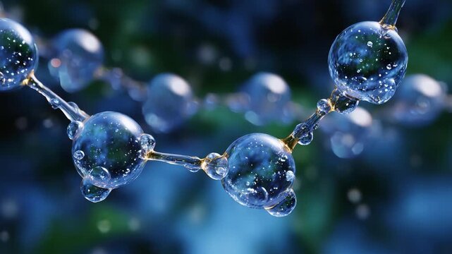 Intricate close-up of water molecules connecting and reflecting light, showcasing the beauty of nature's fundamental building blocks in vibrant detail.
