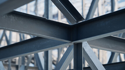 Naklejka premium Close-up abstract view of steel girders and beams forming a robust architectural framework, showcasing strength and industrial design