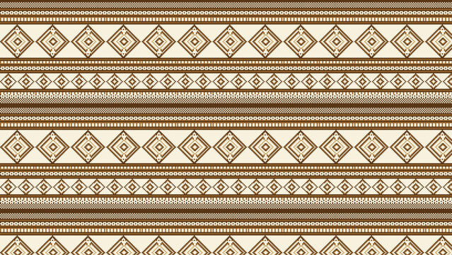 Ethnic geometric pattern with brown tribal diamond shapes, seamless bohemian border vector illustration, traditional folk textile design, ornamental brown and beige fabric background