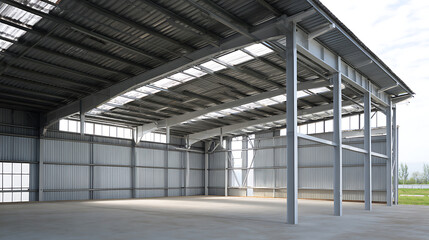Obraz premium Spacious Empty Modern Industrial Warehouse Interior with Concrete Floor, Metal Structure, and Natural Light via Rooftop Skylights