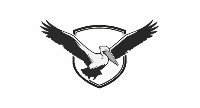 Vintage flying pelican shield logo vector with classic seabird emblem for coastal branding isolated on white background