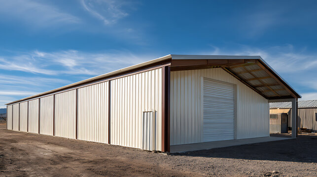 Large metal pole barn, storage building, or warehouse under a bright blue sky, ideal for agriculture, industrial, or rural business use today