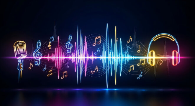A vibrant digital illustration of a sound wave with musical notes and audio equipment