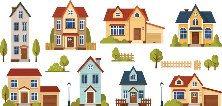 Suburban Houses Collection Featuring Modern Family Homes, Cottages and Residential Buildings with Trees, Fences and Outdoor Elements Vector Illustration Set