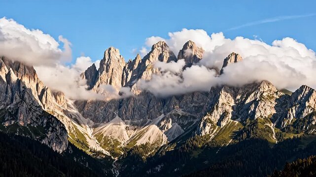 Mountain peaks with clouds and green slopes