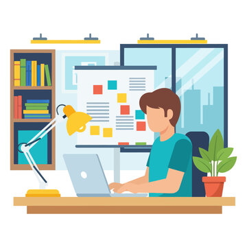 Focused Man Working on Laptop at Desk with Task Board and Bookshelf.
