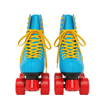 A pair of blue roller skates with yellow laces and red wheels on transparent background