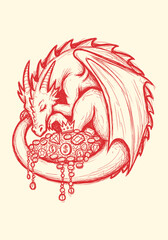Red mythical dragon curled up on a glittering treasure hoard, featuring gold coins, precious jewels, and a crown in a hand-drawn sketch vector illustration style © creatfive