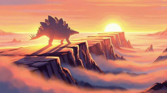 Stegosaurus walking on mountain ridge during sunset. Dinosaur moving through prehistoric landscape above clouds. Ancient world imagery reflecting wilderness time.