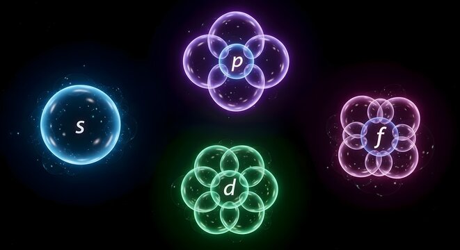 Neon atomic orbitals, s, p, d, f, glowing colorful electron clouds
