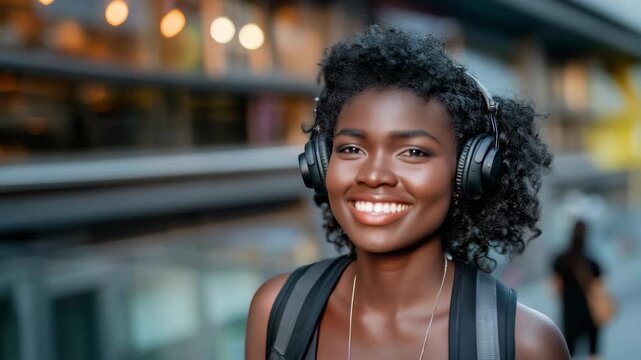 African female adult smiling with headphones and backpack in urban city setting casual music commuter portrait showing confidence and joy
