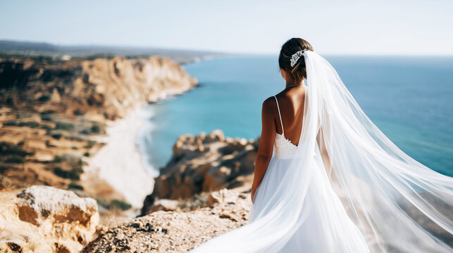 The bride stands on a cliff, gazing out at the peaceful ocean, with her flowing veil caught by the gentle breeze, in a serene outdoor wedding setting