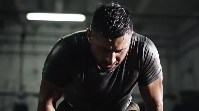 Man in gym intense workout session.