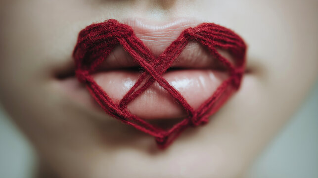 Female lips tied with red thread knotted into a heart shape, illustrating suppressed emotion, communication, intimacy, and censorship