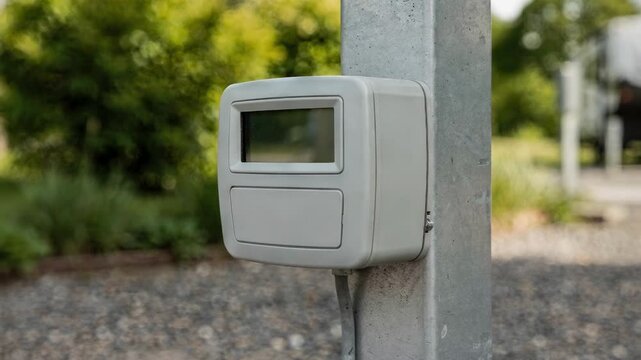 Medium shot of a digital utility meter installed on an RV site post with the display in sharp focus and blurred background greenery