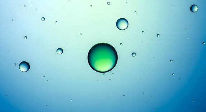 Large green bubble surrounded by smaller bubbles on blue gradient background