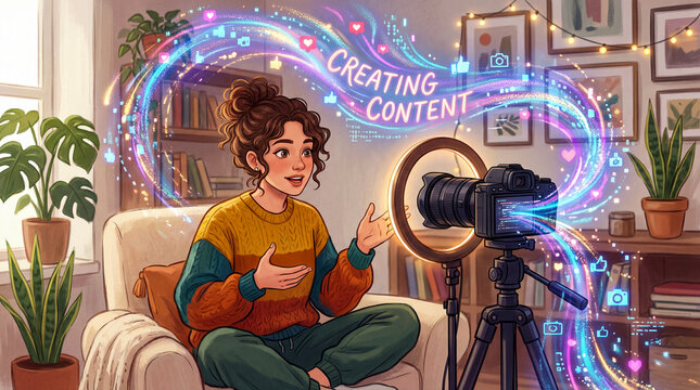 Influencer grabando contenido con c&aacute;mara en casa, concepto de creaci&oacute;n digital.
