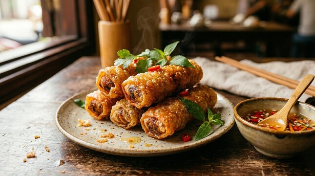 Crispy Fried Vietnamese Spring Rolls Nem Ran with Dipping Sauce