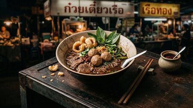 Dark Thai Boat Noodles Kuay Tiew Reua with Meatballs