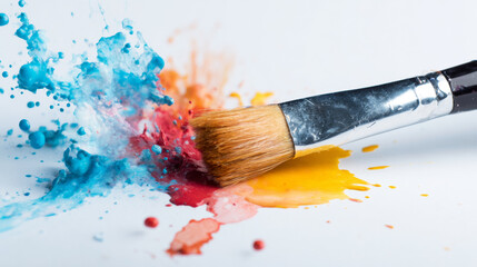 Fototapeta premium Paint brush interacting with vibrant splashing colors, creating dynamic art and artistic expression