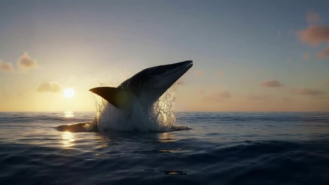 Prehistoric mosasaur jumping out of the sea water at sunset. Giant marine reptile breaching ocean surface in majestic display. Ancient aquatic dinosaur predator.