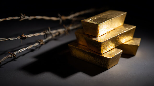Dramatic still life with glistening gold bars stacked beside rusty barbed wire against a dark background, illustrating themes of wealth, danger, and confinement